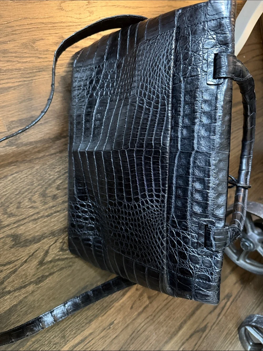 Nancy Gonzalez Black Croc-Embossed Satchel with Multicolor Mink Pom Pom Charms
